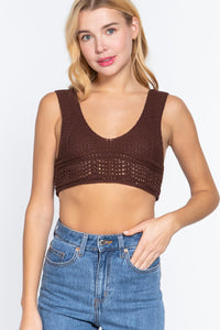 Our Best 100% Cotton Sleeveless V-Neck Textured Crop Sweater Tank Top (Chocolate)