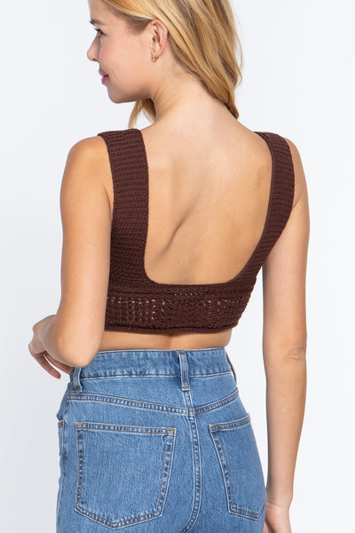 Our Best 100% Cotton Sleeveless V-Neck Textured Crop Sweater Tank Top (Chocolate)