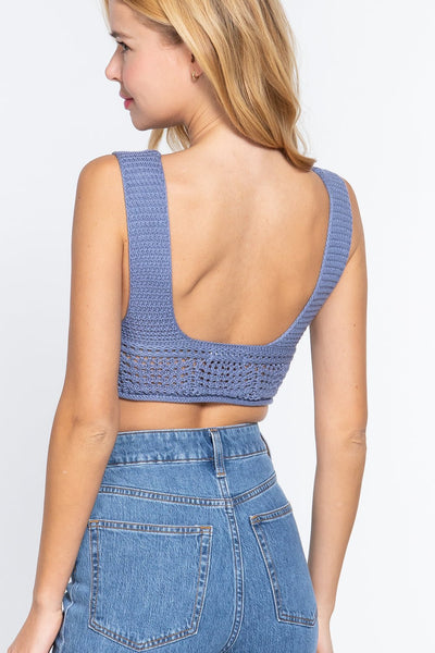 Our Best 100% Cotton Sleeveless V-Neck Textured Crop Sweater Tank Top (Mid Blue)