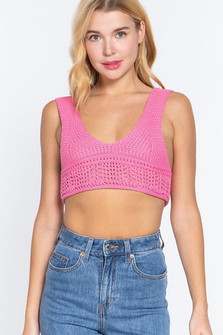Our Best 100% Cotton Sleeveless V-Neck Textured Crop Sweater Tank Top (Wild Pink)