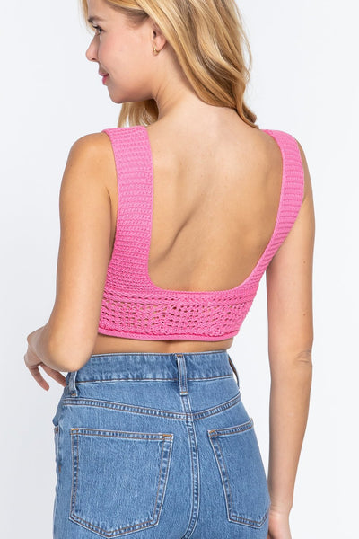 Our Best 100% Cotton Sleeveless V-Neck Textured Crop Sweater Tank Top (Wild Pink)