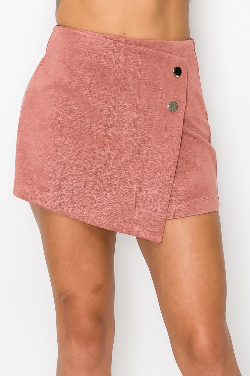 Our Best 90% Polyester 10% Spandex Faux Suede Fabric Button-Accented Asymmetrical Mini Skort (Dark Mauve)