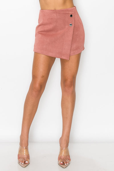 Our Best 90% Polyester 10% Spandex Faux Suede Fabric Button-Accented Asymmetrical Mini Skort (Dark Mauve)