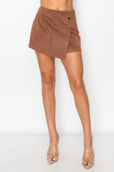 Our Best 90% Polyester 10% Spandex Faux Suede Fabric Button-Accented Asymmetrical Mini Skort (Brown)