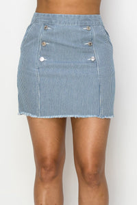 Darla Denim Diva 35% Polyester 65% Cotton Button Detail High Rise Frayed Denim Mini Skirt (Medium Denim)