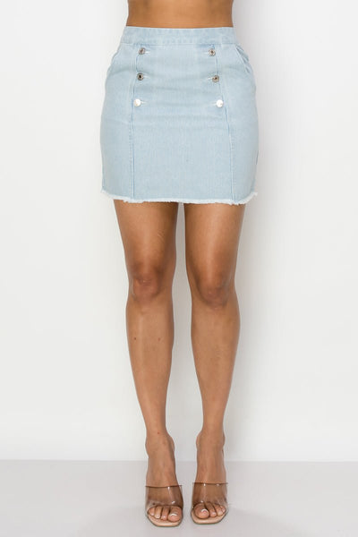 Darla Denim Diva 35% Polyester 65% Cotton Button Detail High Rise Frayed Denim Mini Skirt (Light Denim)