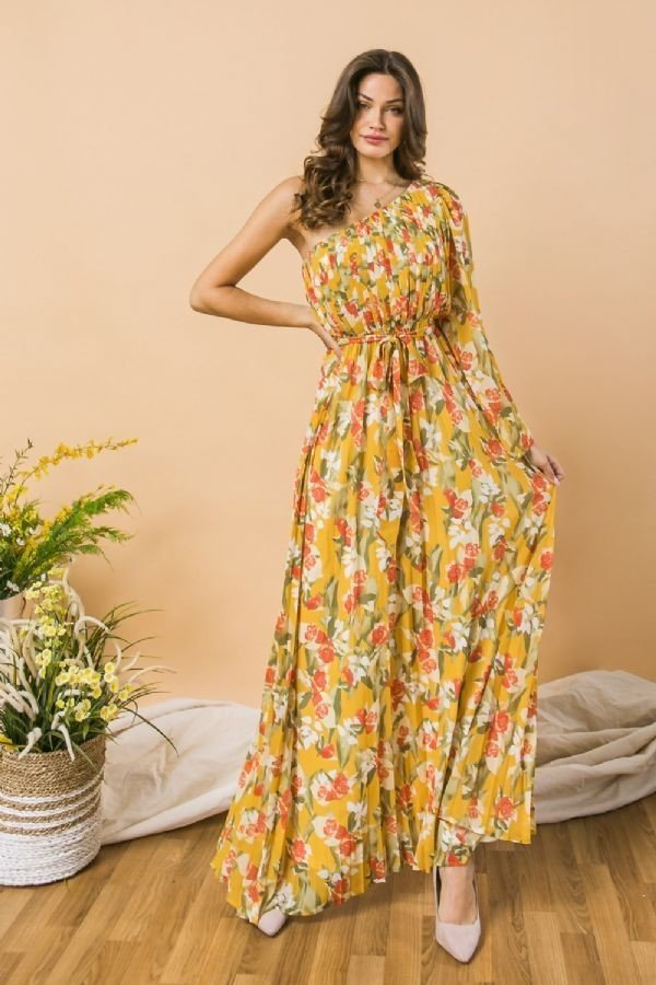 Gwendolyn's Garden 100% Polyester Floral Print Single Shoulder Drape Sleeve Sash Tie Pleated One Shoulder Maxi Dress (Mustard)