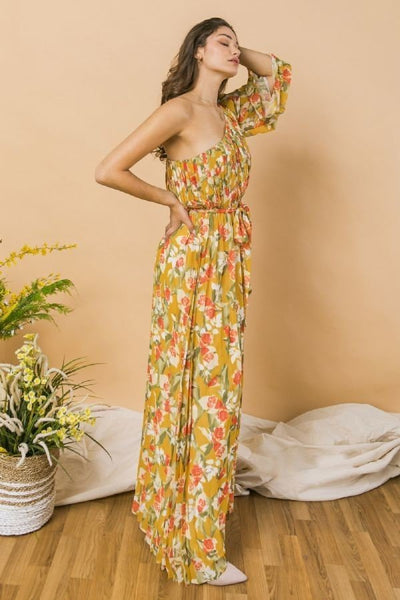 Gwendolyn's Garden 100% Polyester Floral Print Single Shoulder Drape Sleeve Sash Tie Pleated One Shoulder Maxi Dress (Mustard)