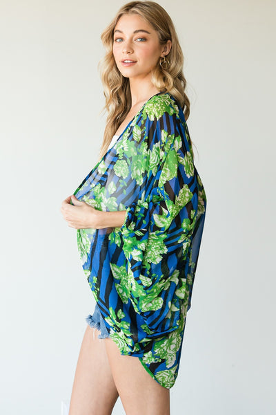 Our Best 100% Polyester Stripes And Floral Prints Colorful Casual Lightweight Kimono (Navy)