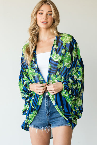 Our Best 100% Polyester Stripes And Floral Prints Colorful Casual Lightweight Kimono (Navy)