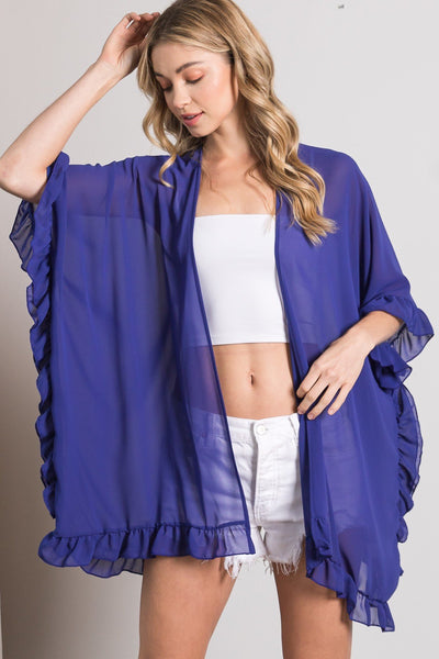 Our Best 100% Rayon Lightweight Sheer Shawl Ruffle Accent Cardigan (Navy Blue)
