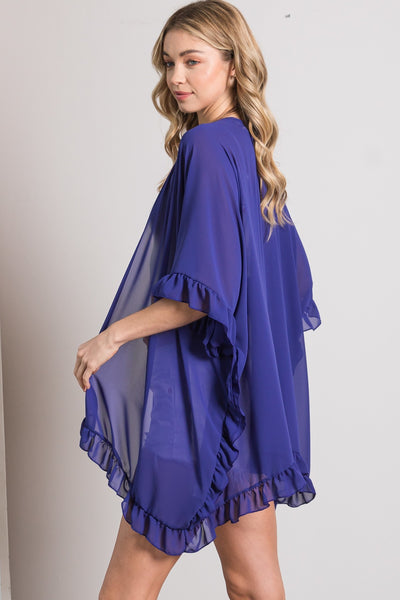 Our Best 100% Rayon Lightweight Sheer Shawl Ruffle Accent Cardigan (Navy Blue)