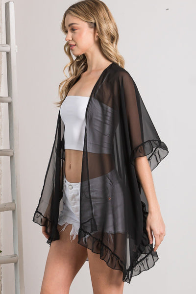 Our Best 100% Rayon Lightweight Sheer Shawl Ruffle Accent Cardigan (Black)