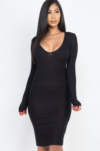 Hacci Brushed Rayon Blend Knit V-neckline Two tone Brushed Hacci Bodycon Dress (Black)