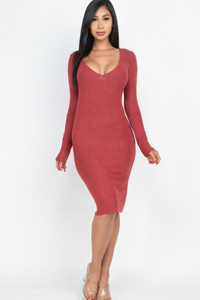 Hacci Brushed Rayon Blend Knit V-neckline Two tone Brushed Hacci Bodycon Dress (Rust)
