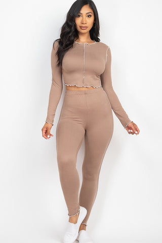 Our Best 92% Polyester 8% Spandex Lettuce Edge Two Piece Crop Top & Leggings Set (Taupe Grey)