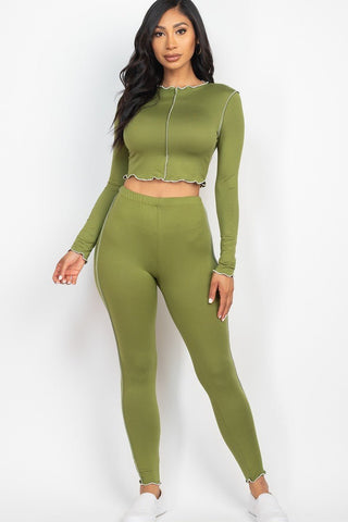 Our Best 92% Polyester 8% Spandex Lettuce Edge Two Piece Crop Top & Leggings Set (Olive Branch)