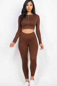 Our Best 92% Polyester 8% Spandex Lettuce Edge Two Piece Crop Top & Leggings Set (Coffee)