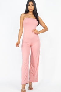 Our Best Polyester/Spandex Solid Strapless Stretch Knit Wide Leg Jumpsuit (Mauve)