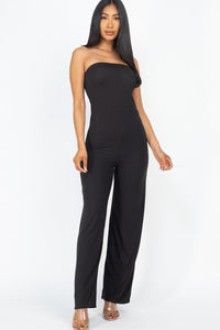 Our Best Polyester/Spandex Solid Strapless Stretch Knit Wide Leg Jumpsuit (Black)