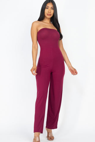 Our Best Polyester/Spandex Solid Strapless Stretch Knit Wide Leg Jumpsuit (Burgundy)
