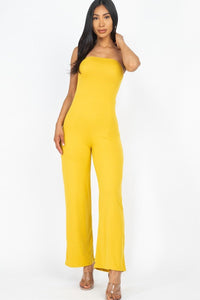 Our Best Polyester/Spandex Solid Strapless Stretch Knit Wide Leg Jumpsuit (Mustard)