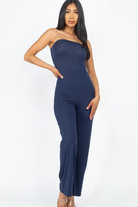Our Best Polyester/Spandex Solid Strapless Stretch Knit Wide Leg Jumpsuit (Navy)