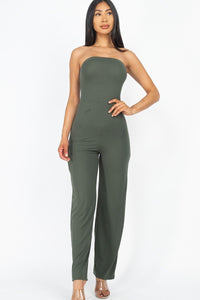Our Best Polyester/Spandex Solid Strapless Stretch Knit Wide Leg Jumpsuit (Olive)