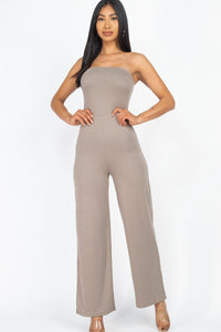 Our Best Polyester/Spandex Solid Strapless Stretch Knit Wide Leg Jumpsuit (Taupe)