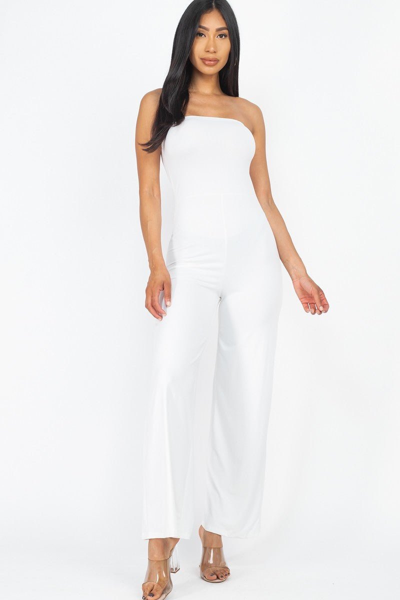 Our Best Polyester/Spandex Solid Strapless Stretch Knit Wide Leg Jumpsuit (White)