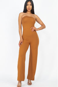 Our Best Polyester/Spandex Solid Strapless Stretch Knit Wide Leg Jumpsuit (Meerkat)
