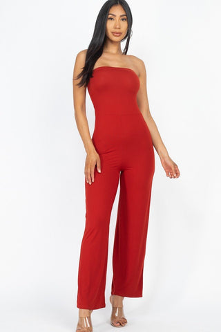 Our Best Polyester/Spandex Solid Strapless Stretch Knit Wide Leg Jumpsuit (Rust)
