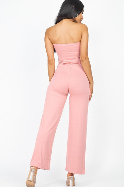 Our Best Polyester/Spandex Solid Strapless Stretch Knit Wide Leg Jumpsuit (Mauve)