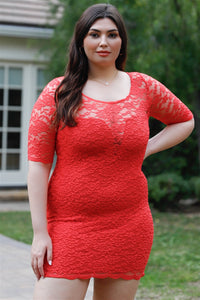 Plus Size Lovely Ladies 90% Polyester 10% Spandex Solid Color Lace Material Midi Sleeves Round Neckline Mini Dress (Coral)