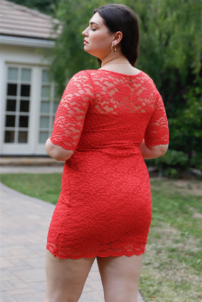 Plus Size Lovely Ladies 90% Polyester 10% Spandex Solid Color Lace Material Midi Sleeves Round Neckline Mini Dress (Coral)