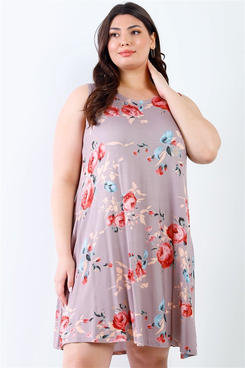 Plus Size Lovely Ladies 63% Polyester 33% Rayon 4% Spandex Cocoa Flower Sleeveless Mini Dress (Cocoa Flower)