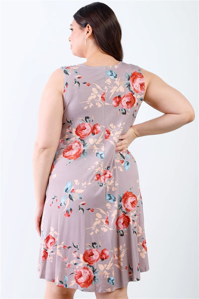 Plus Size Lovely Ladies 63% Polyester 33% Rayon 4% Spandex Cocoa Flower Sleeveless Mini Dress (Cocoa Flower)