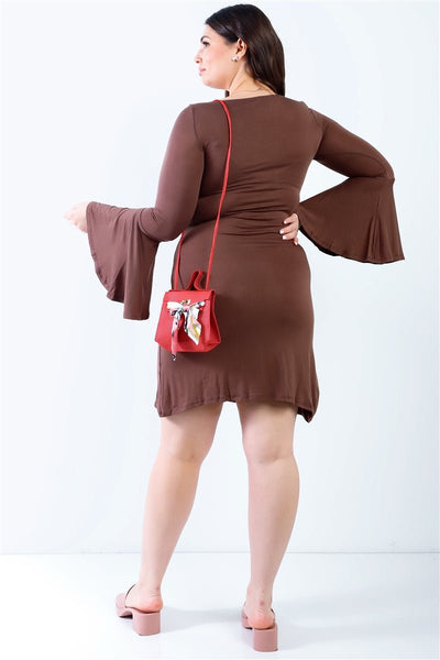 Plus Size Lovely Ladies 94% Rayon 4% Spandex Round Neck Long Bell Sleeve Mini Dress (Coffee)
