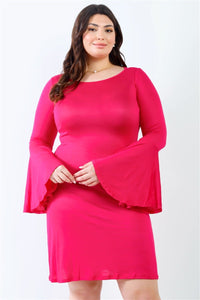 Plus Size Lovely Ladies 94% Rayon 4% Spandex Round Neck Long Bell Sleeve Mini Dress (Fuchsia)