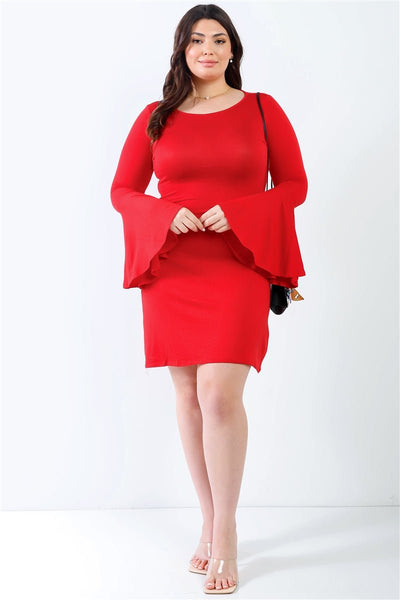 Plus Size Lovely Ladies 94% Rayon 4% Spandex Round Neck Long Bell Sleeve Mini Dress (Red)
