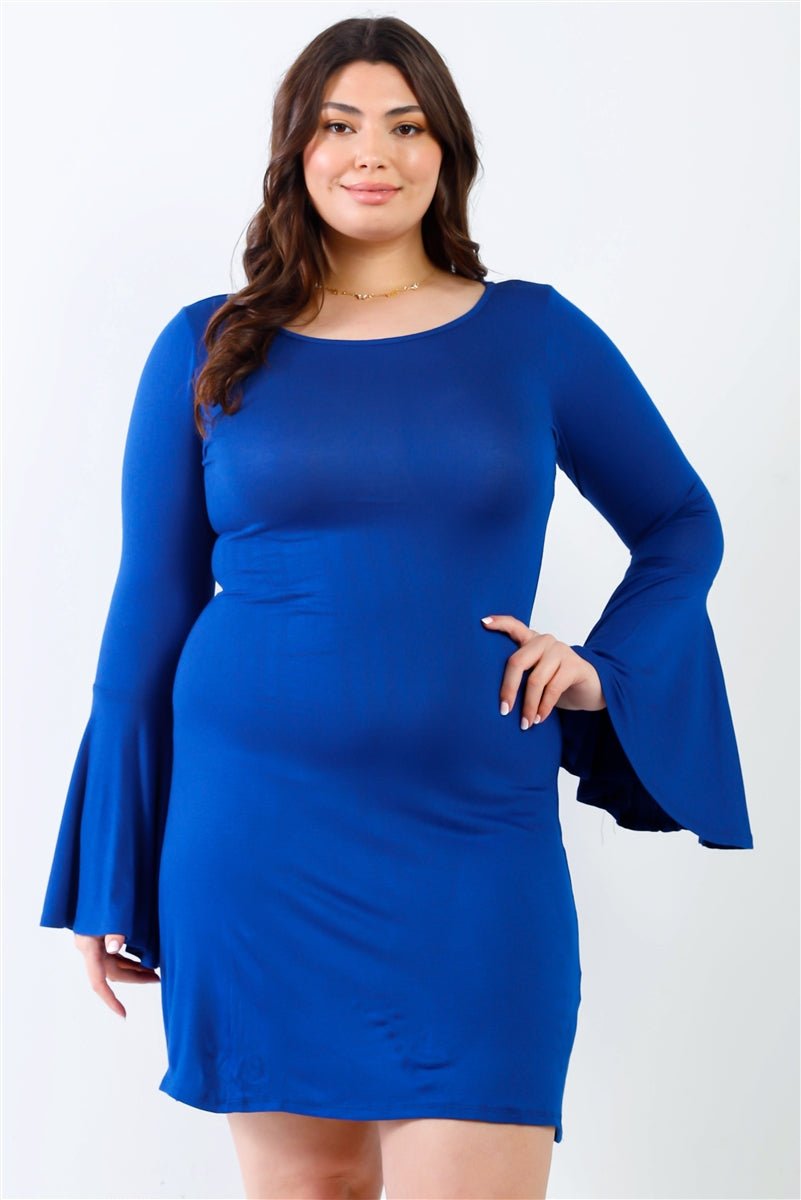 Plus Size Lovely Ladies 94% Rayon 4% Spandex Round Neck Long Bell Sleeve Mini Dress (Royal)