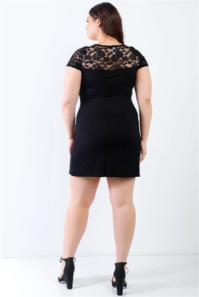 Plus Size Lovely Ladies 94% Rayon 4% Spandex Round Neckline Stretchy Sheer Lace Mini Dress (Black)