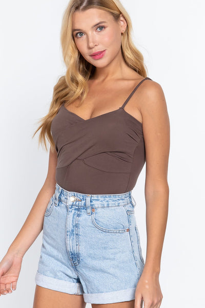 Our Best 95% Cotton 5% Spandex Twisted Cami Bodysuit W/bra Cup (Wood Brown)