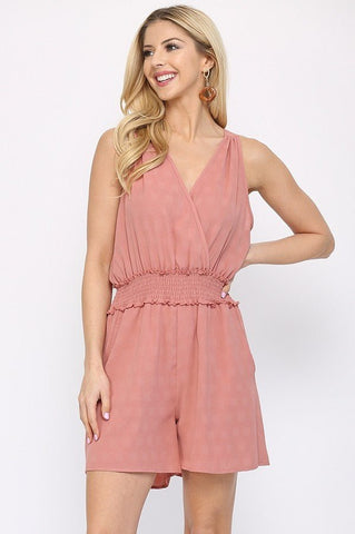 Our Best 100% Polyester Textured Woven Smocking Waist Romper With Open Back Sash Neck Tie (Rose)