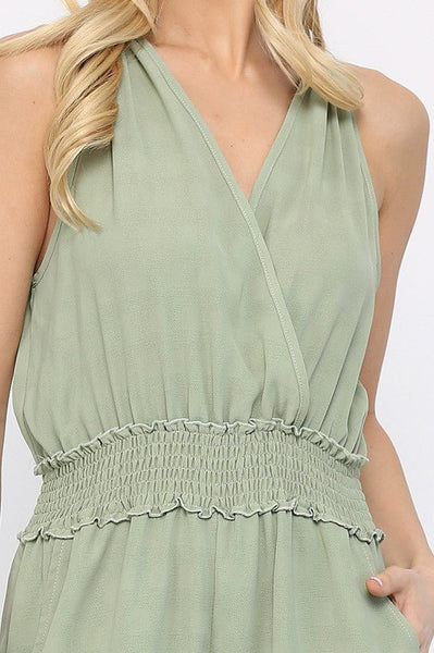 Our Best 100% Polyester Textured Woven Smocking Waist Romper With Open Back Sash Neck Tie (Sage)