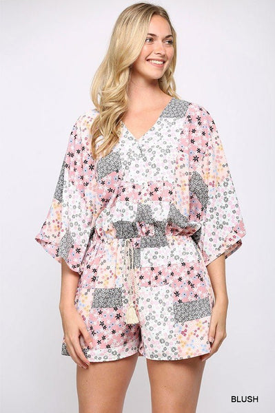 Caitlin In The Country 100% Polyester Patchwork Print Surplice Waist Tassel Tie And Bottom Romper (Blush)