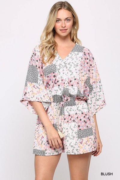 Caitlin In The Country 100% Polyester Patchwork Print Surplice Waist Tassel Tie And Bottom Romper (Blush)