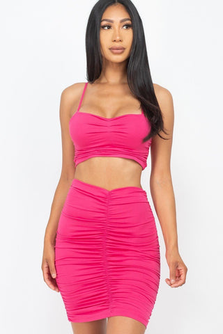 Our Best Polyester/Spandex Blend Ruched Crop Top Two Piece Skirt Set (Fuchsia)