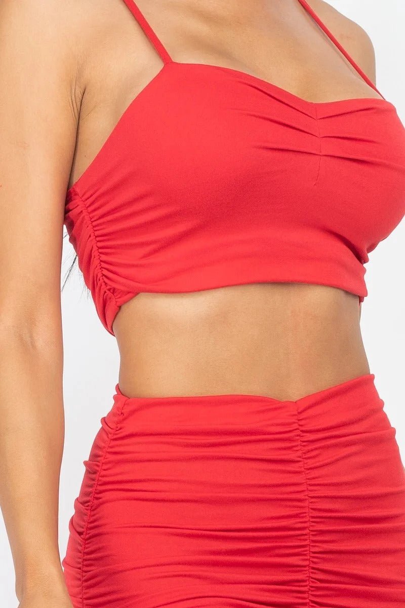 Our Best Polyester/Spandex Blend Ruched Crop Top Two Piece Skirt Set (Fiery Red)