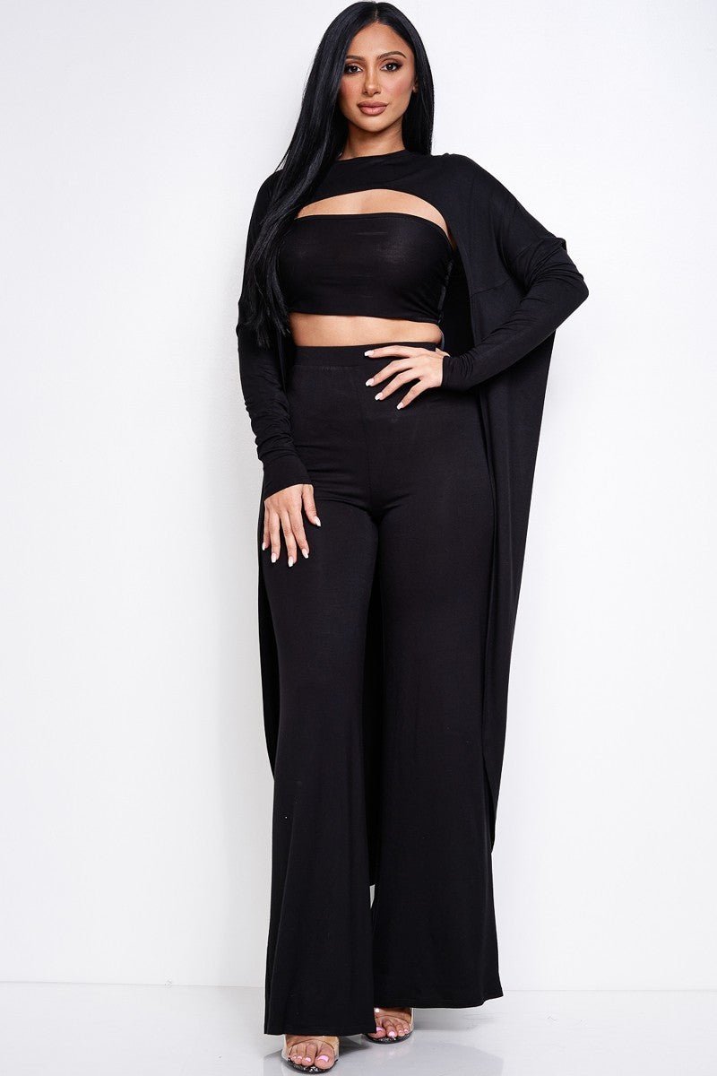 Our Best Rayon/Spandex Tube Top Solid Color Long Sleeve Cape Top and Wide Leg Pants 3 Piece Set (Black)